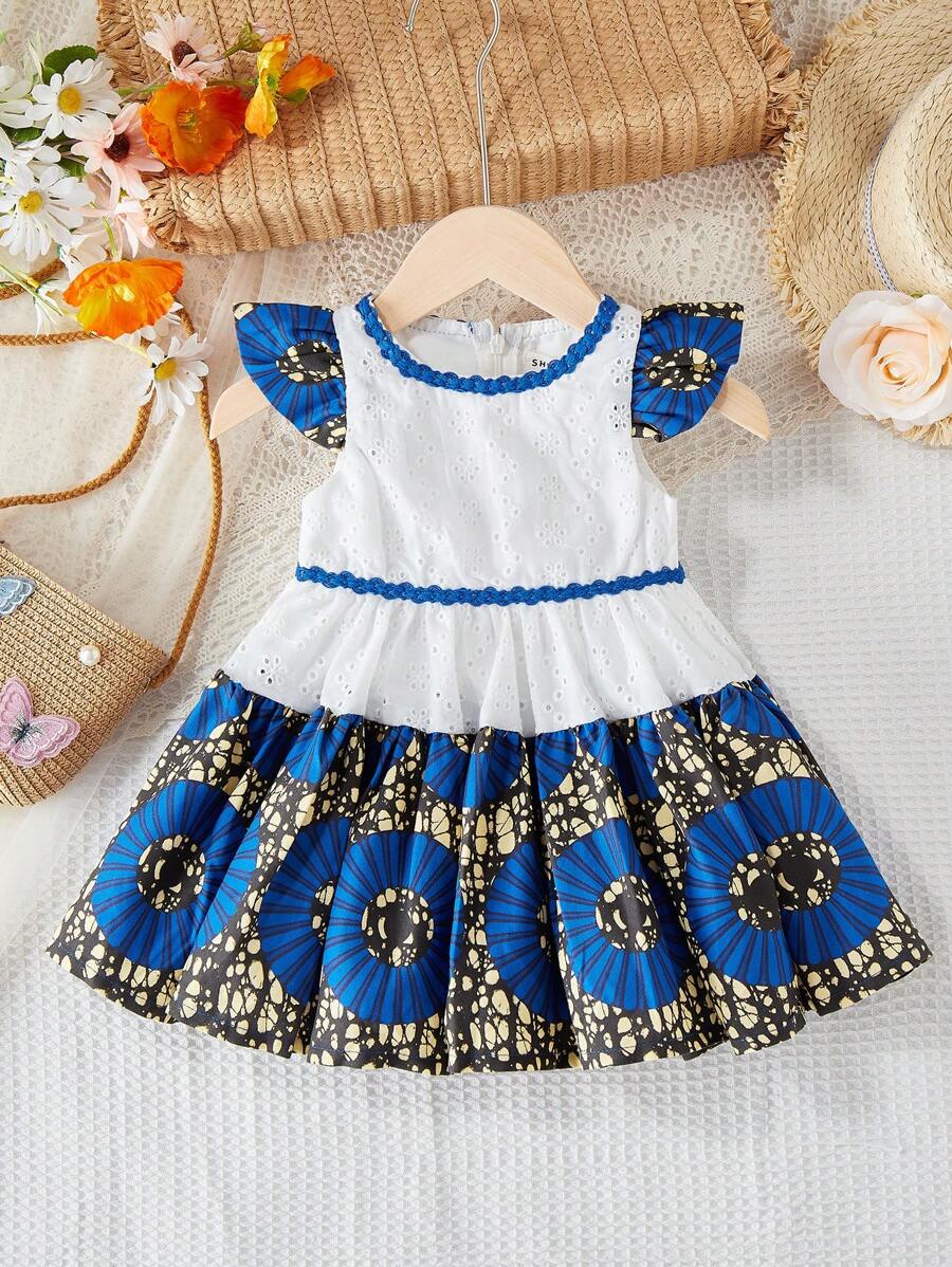 SHEIN Đứa bé gái Khối màu Họa tiết Hình học Đầm - Xanh đậm - Xem 1