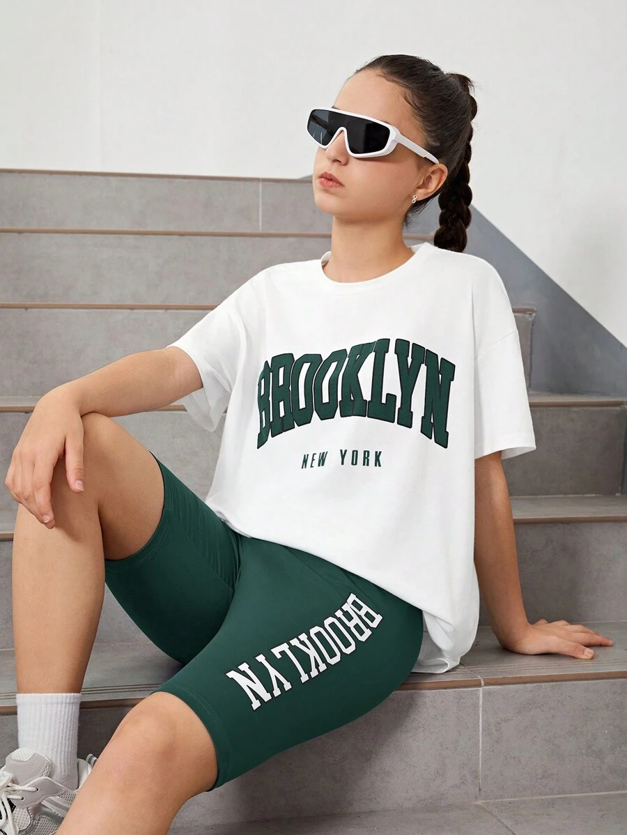 SHEIN Teen Girl Letter Print Drop Shoulder Short Sleeve T-Shirt And Shorts Sports Casual Two Pieces Set - Dark Green - View 1