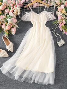 SHEIN Tween Girls' Cold Shoulder Ruffle Trim Chiffon Dress - Apricot - View 1