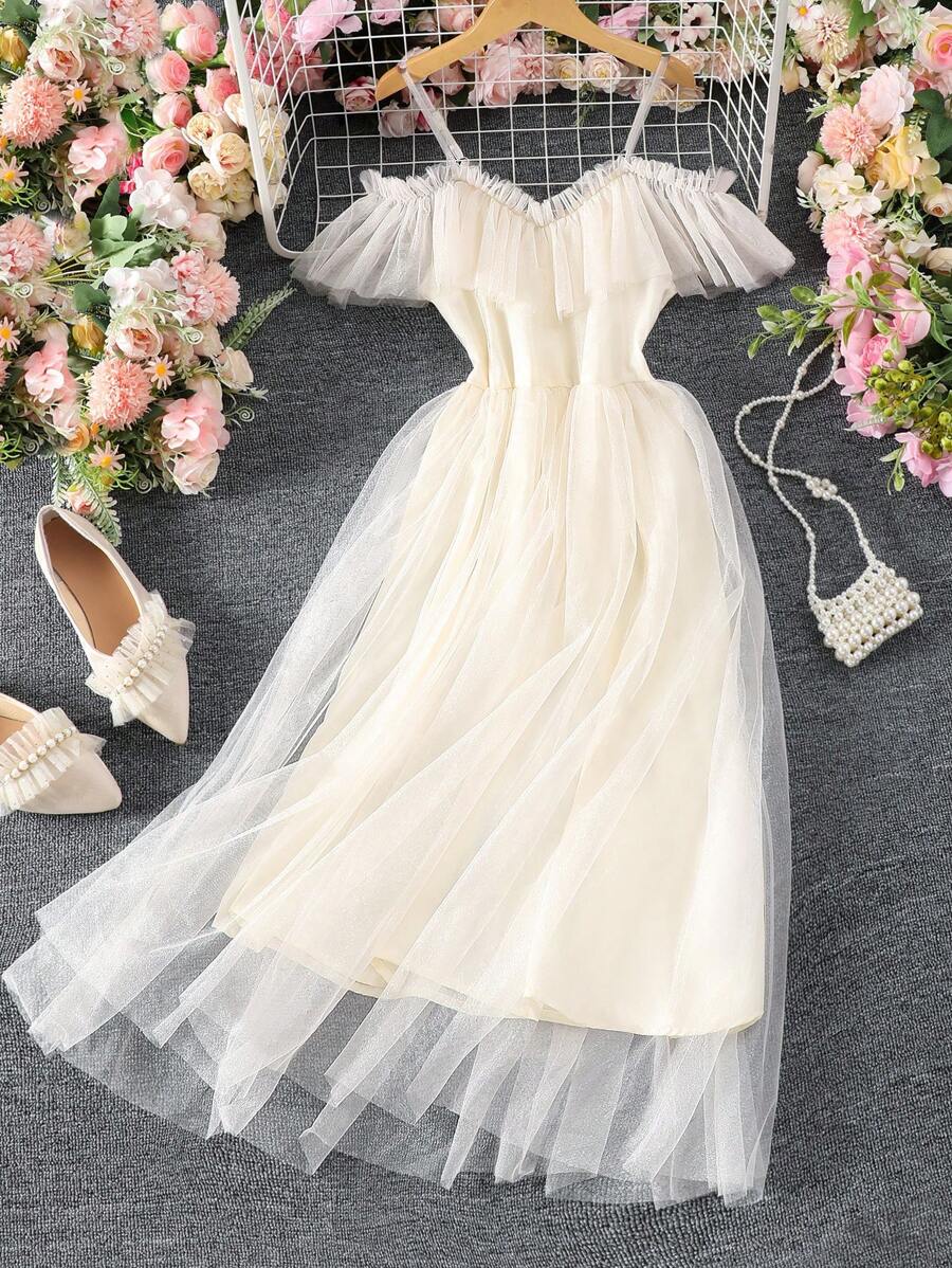 SHEIN Tween Girls' Cold Shoulder Ruffle Trim Chiffon Dress - Apricot - View 1