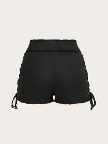 SHEIN ICON Festival de muzică Rave Y2k, negru metalic, detaliu cu ochi, talie joasă, cu legare laterală, pantaloni scurți cu talie joasă - Negru - Vizualizare 3