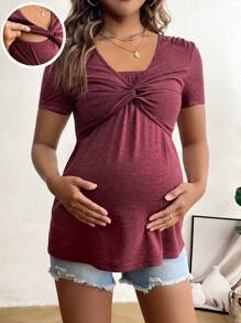 SHEIN Thai sản Màu thuần Xoắn Nút Ngắn tay Điều dưỡng Trang phục Áo thun - Màu Đỏ Sâu - Xem 1