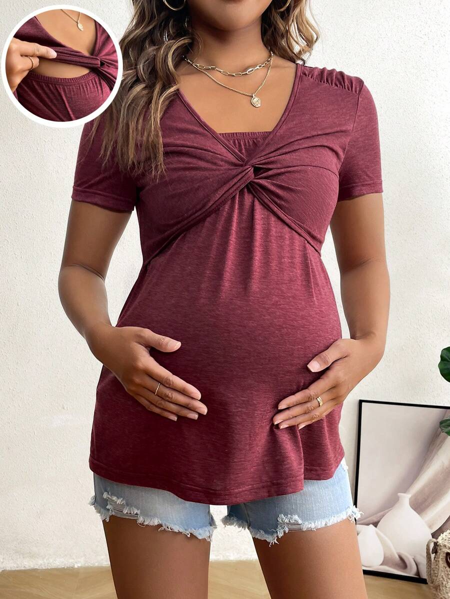 SHEIN Thai sản Màu thuần Xoắn Nút Ngắn tay Điều dưỡng Trang phục Áo thun - Màu Đỏ Sâu - Xem 1