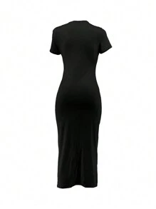 INAWLY 加大尺碼圓領純色褶皺修身連衣裙 - 黑色 - 查看 2