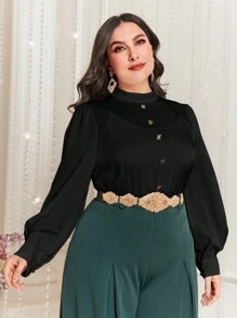 Modelyn Plus Size Solid Color Stand Collar Lantern Sleeve Shirt - Black - View 6