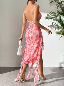 SHEIN Privé 女款花卉網印裙搭配細肩帶、露背和頸後系帶,下擺波浪紋裙擺,打造優雅度假風 - 彩色 - 查看 2