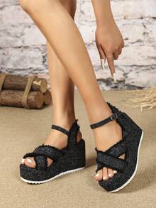 現代女性跨帶厚底平台涼鞋,夏季羅馬鞋款 - 黑色 - 查看 7