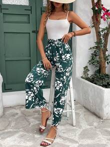 SHEIN Frenchy 全印花高腰紙袋口抽繩寬褲