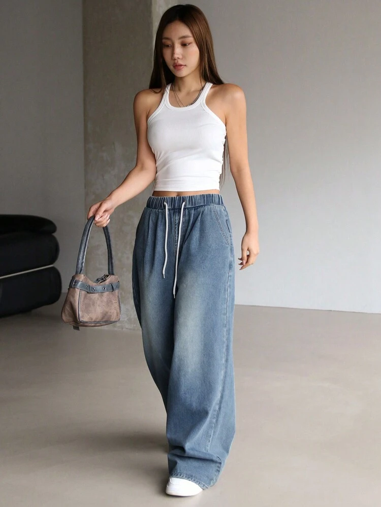Women's Drawstring Waist Wide Leg Jeans Baggy Jeans