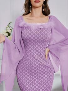 Modelyn Women's Fuzzy Trimmed Bell Sleeve Dress