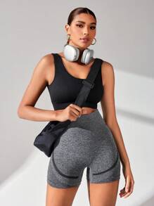 Easithlete Women's Color Contrast Seamless Sports Shorts - Dark Grey - View 4