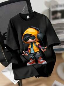 SHEIN Leap Crew Tween Boy Casual Cartoon Boy With Headphones Pattern Short Sleeve Round Neck T-Shirt Suitable For Summer - Black - View 1