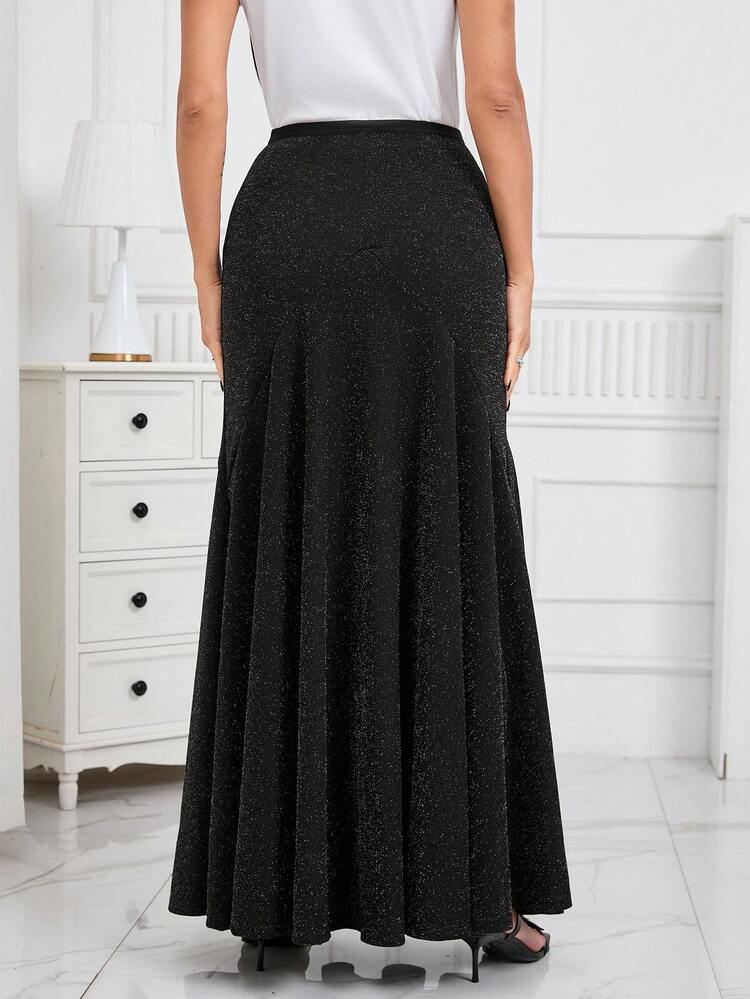 Women's High Waisted Metallic Shine Mermaid Hem Full Length Skirt