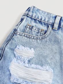 Girlism Quần short denim rách gấu thô phong cách boho cho bé gái tuổi teen, thích hợp mặc mùa xuân hè. - Rửa nhẹ - Xem 4