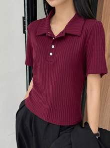 DAZY Solid Color Button Placket Henley Neck Ribbed Short Sleeve T-Shirt Summer,Business Casual Women - Burgundy - View 7