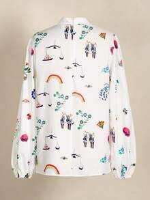 女士优雅灯笼袖立领刺绣衬衫 - 白色 - 查看 2