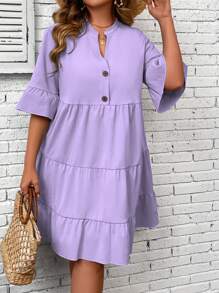 SHEIN LUNE 大尺碼純色擴張袖口有挺領連身裙 - 紫色 - 查看 5