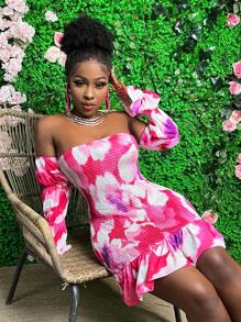 Slaydiva Holiday Floral Print Tiered Dress - Hot Pink - View 5