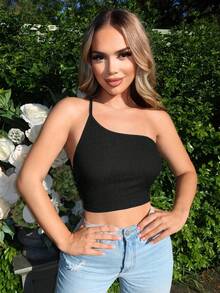 SHEIN SXY Của phụ nữ Mùa hè Một bờ vai Kết cấu Chất vải Áo Với Không lưng Thiết kế - màu đen - Xem 4