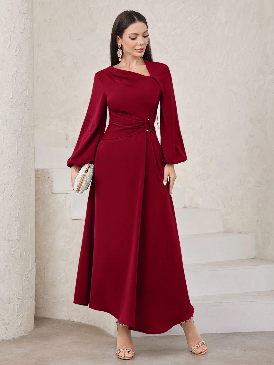 Modelyn 女式不对称领灯笼袖腰部褶皱连衣裙 - 紅色 - 查看 1