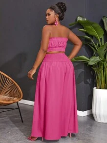 Slaydiva Conjunto de top sin tirantes con volantes y pantalones de pierna ancha en unicolor para mujer talla grande - Rosa Fucsia - Ver 2