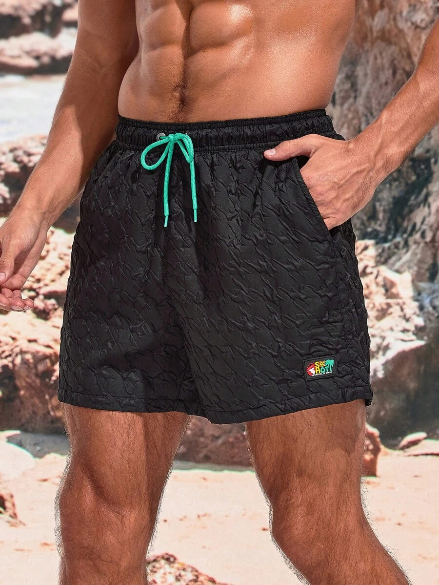 Surfspeed Men's Jacquard Patch Detail Beach Shorts - Black - View 1