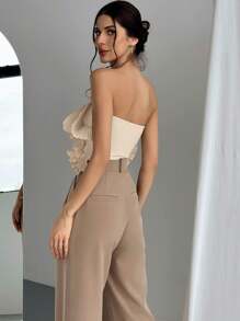 Aloruh 花卉褶皱抹胸，女士休闲不对称，荷叶边露肩修身杏色纯色女式上衣，春夏，派对/夜店服装