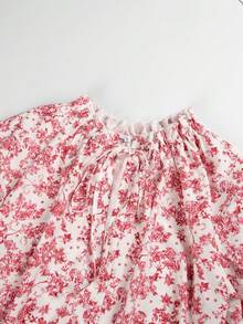 Chemise ample à manches longues, col en V, imprimé floral, avec cordon de serrage - Rouge - Voir 4