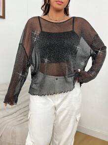 SHEIN EZwear Plus Lettuce Trim Drop Shoulder Mesh Top Without Cami Top