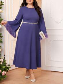 Modelyn Große Größen Abendkleid mit einfarbigem, rundem Ausschnitt, Langarm und Meerjungfrau-Schnitt - Violett - Übersicht 3