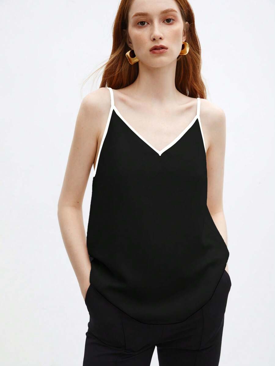 SHEIN BIZwear Women's Simple V-Neck Camisole Top - Black and White - View 1