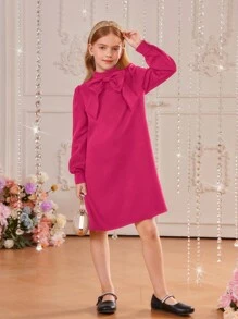 SHEIN Vestido para niñas preadolescentes con mangas largas estilo retro, cuello tejido con soporte, botones decorativos en la parte de atrás y línea A