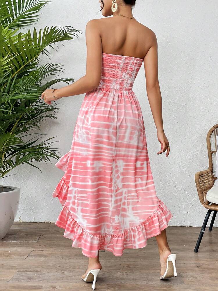 Tie Dye Halter Neck Dress With Ruffle Hem