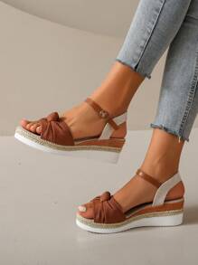 Sandali con zeppa da donna, stile moda estiva da spiaggia e resort, sandali da vestire versatili con punta aperta, colore bianco, con cinturino e zeppa platform alta per feste e occasioni - Castano - Visualizzare 3