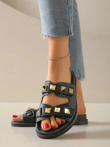 新款夏季時尚舒適扁平&厚底釘子女拖鞋和涼鞋 - 黑色 - 查看 2