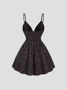 Sweetra 花卉印花收摺彈力束腰肩帶連身裙 - 黃色 - 查看 2