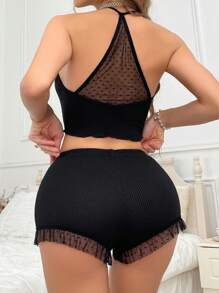 Women's Halter Neck Mesh Contrast Pajama Set - Black - View 5
