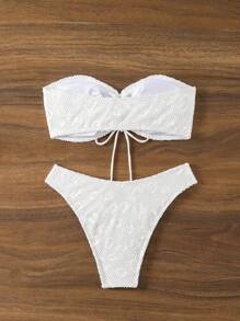 SHEIN Swim Conjunto de bikini sin tirantes texturizado para mujer, traje de baño de playa tipo bandó para el festival de música del verano