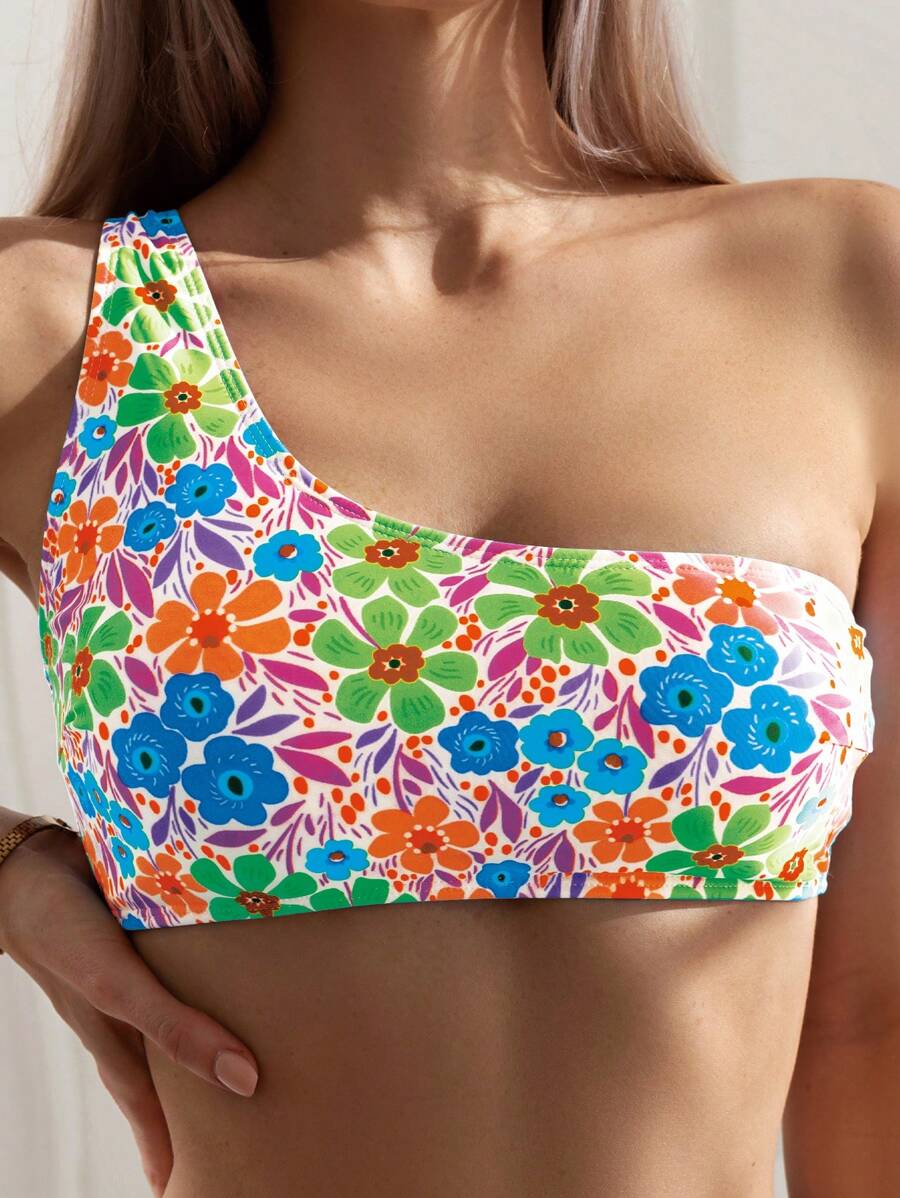 SHEIN Swim Áo bikini cổ lệch in hoa mùa hè - Nhiều màu - Xem 1