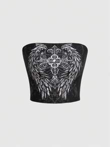 ROMWE Y2K Gothic Rock Cross & Wing Printed Women Tube Top