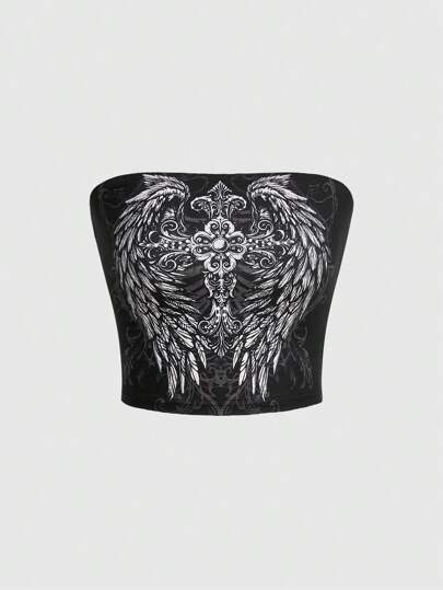 Débardeur tube pour femmes imprimé à motif croix et ailes gothique rock Y2K