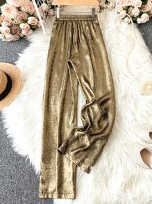 EMERY ROSE 女士彈性腰金屬面料長褲 - 銅色 - 查看 2