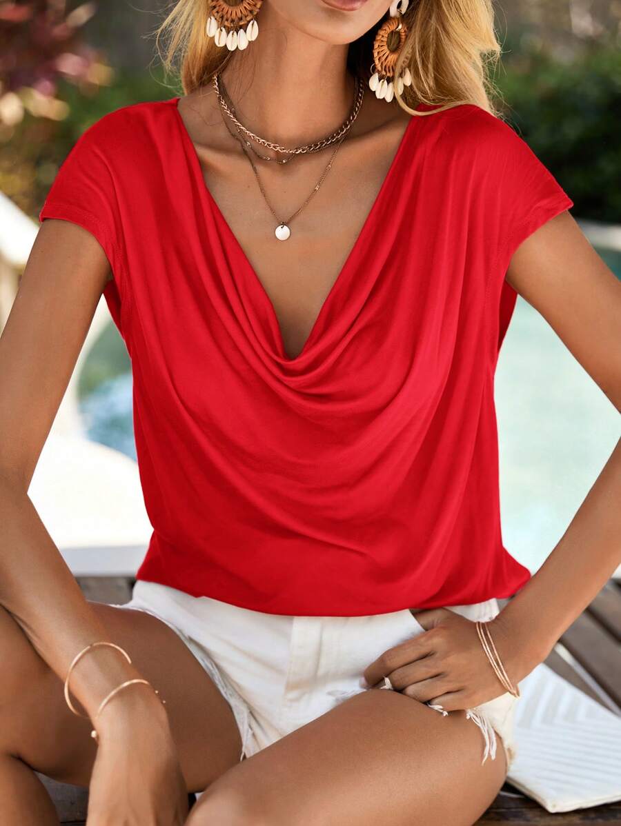 SHEIN Clasi 女性實色不對稱披肩蝙蝠袖t恤 - 酒紅色 - 查看 1