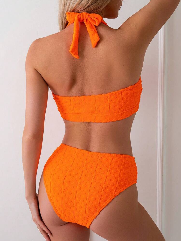 Ladies' Solid Color Jacquard Hollow Out Halter Neck Separated Bikini Set Summer Beach