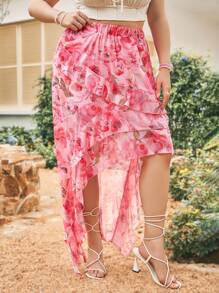 Dreamara Women's Plus Size Casual Vacation Skirt With Ruffle Hem And Floral Print - Multicolor - View 1