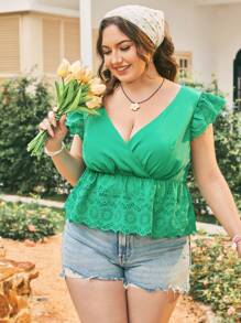 Dreamara Plus Size Casual Solid Color Hollow Out Embroidered Patchwork Cap Sleeve Blouse With Back Tie For Resort Style - Green - View 5