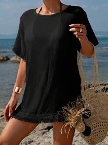 Swim Vcay Summer Beach Women's Simple Fringed Hem Short Sleeve Cover Up In Black - Black - View 3