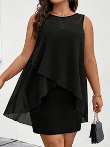 Celure Plus Size Solid Color Lace Splicing Wrapped Sleeveless Dress