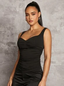 SHEIN BAE Summer One Piece Tank Top Love Collar Black Gathered Bodycon Tank Top