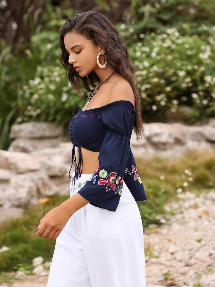 Women's Off-Shoulder Vintage Printed Ruched Fashion Crop Top Fall Cloth For Women